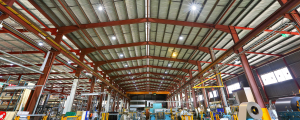 Industralight HB65X LED highbay luminaires installed at Gramline's Smithfield fence manufacturing warehouse.
