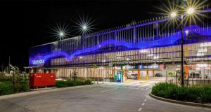 Industralight illuminating a sculptural installation on the facade of Kananook Car park at night