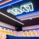 Parramatta Eels changing room with lights in blue and orange brand colours